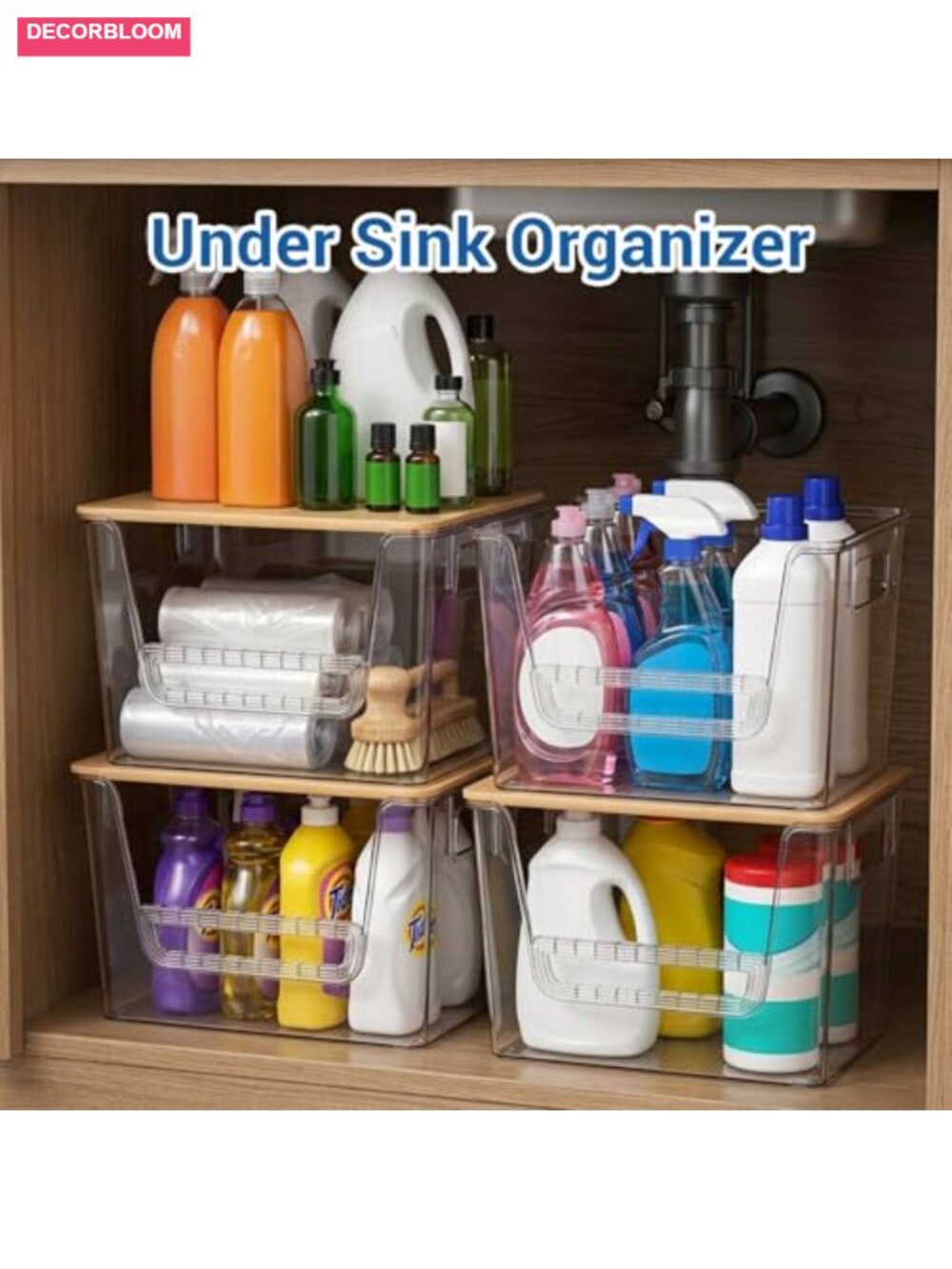 3 Set Pantry Organizers Storage Bamboo Lids Stackable Clear Plastic Bins - Picture 6 of 6